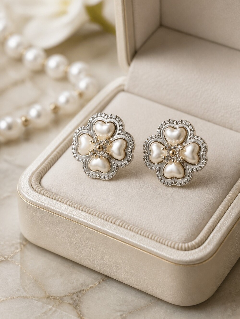 CHANEL Cream Pearl-Effect Flower Earrings with Gold & Crystal Accents